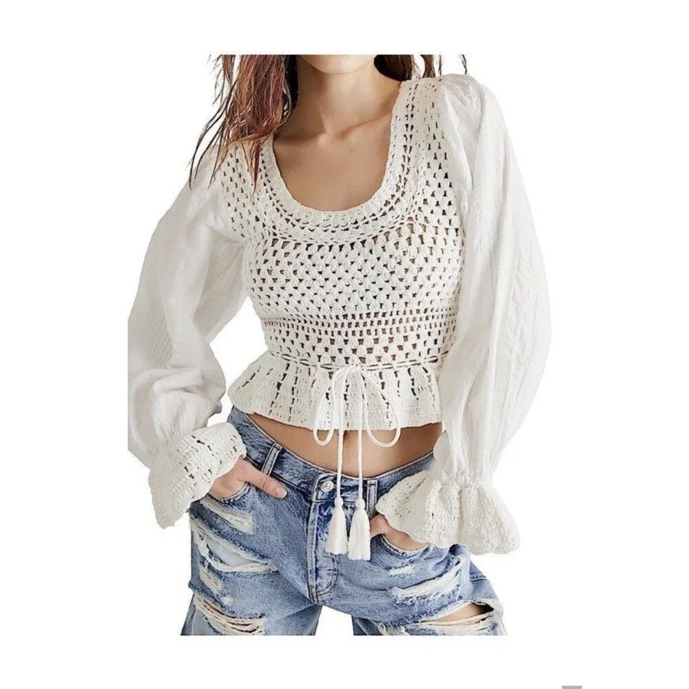 Free People Megan Crochet Top Womens Small White Cropped Bell Sleeve Boho Top